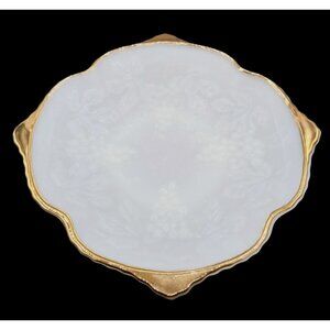 Milk Glass Serving Bowl Anchor Hocking Grape Harvest Gold Edge Pedestal Vintage